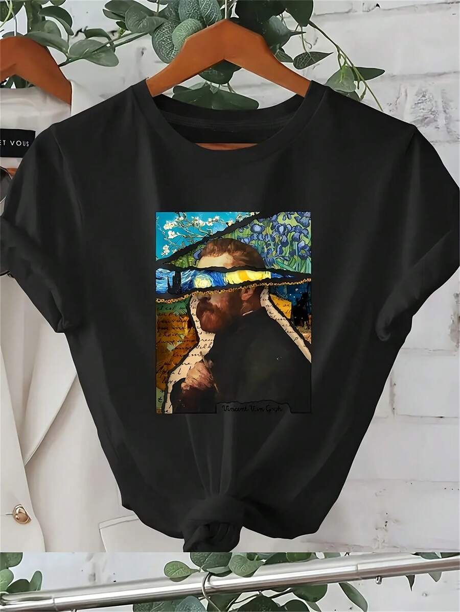 1 camiseta de mujer inspirada en Y2K con estampado del retrato de Van Gogh - Camiseta negra de manga corta informal, diseño artístico, perfecta para uso diario o como regalo, camiseta para todas las estaciones.| Moda Y2K| Camiseta Elegante para Mujer Estilo Y2k - Blanco - Ver 1