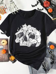 Women's Pure Cotton T-Shirt With Halloween Skull And Cat Print, Short Sleeve, Round Neck, Casual Top For Summer And Spring, Women's Clothing, Women's Night Out T-Shirts. - 黑色 - 查看 7