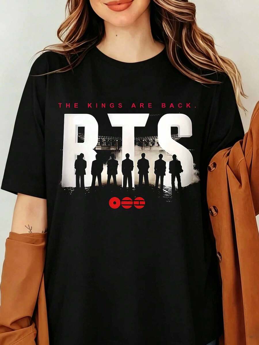 BTSS Bangtan Boys 2026 World Tour Graphic T-Shirt All Members Silhouette Print The Kings Are Back Streetwear Top, The Kings Are Back World Tour Graphic Print Unisex T-Shirt - Black - View 1