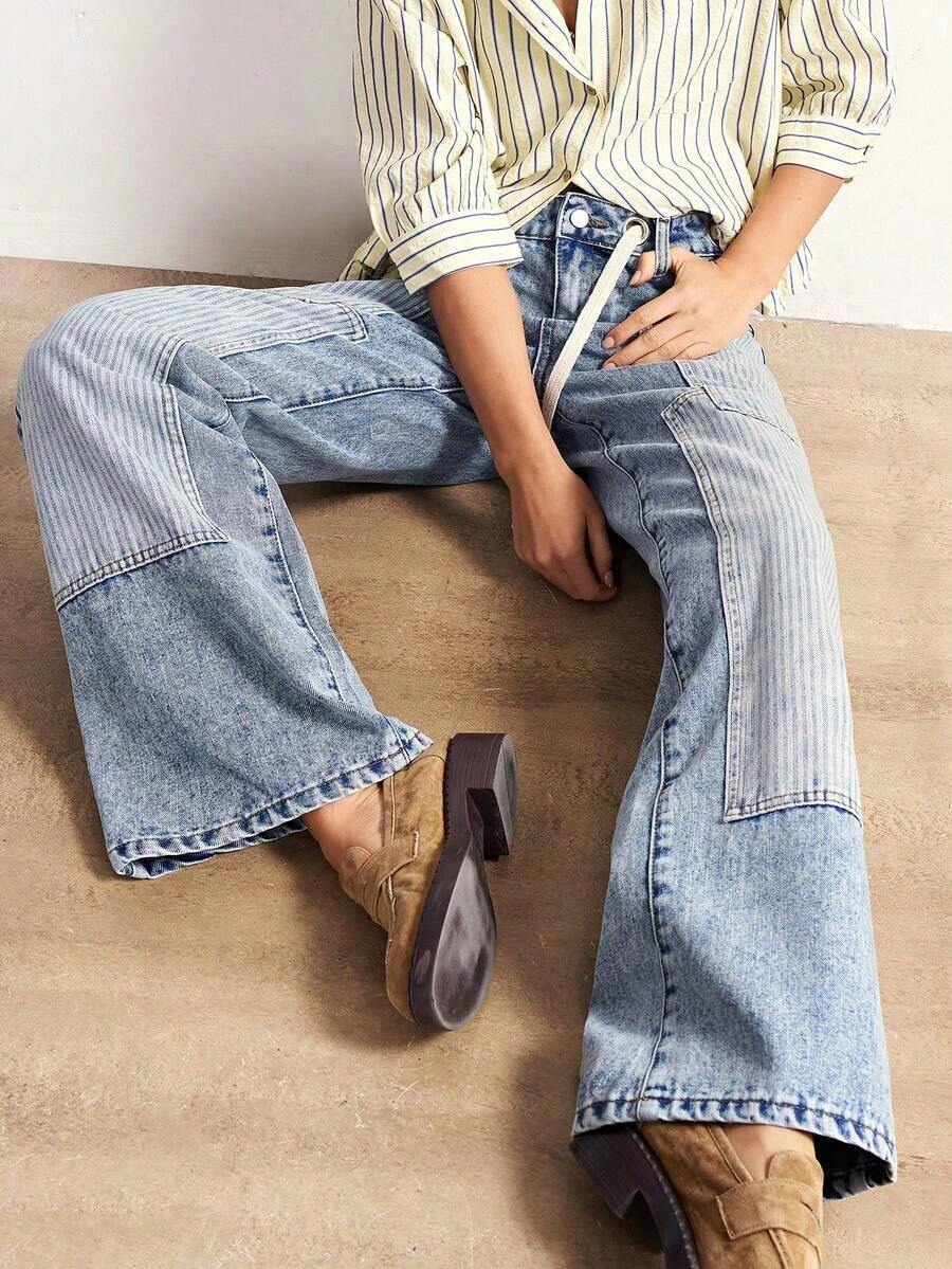BohoFeels Pantalones vaqueros de tiro bajo, estilo boho, de invierno/primavera, para mujer, con estampado de rayas, parches de mezclilla lavada y pierna recta holgada, en estilo occidental y campestre, adecuados para conciertos, fiestas, vacaciones en la playa, uso diario, vuelta al colegio, salidas y fiestas, Año Nuevo - Multicolor - Ver 1