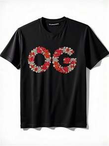 Camiseta de Gran Tamaño para Hombre - Cuello Redondo Negro de Manga Corta con Letra OG y Estampado Floral Rojo, Tejido de Punto Suave y Elástico, Corte Holgado, Camiseta Casual para Uso Diario y Formal, Comodidad Transpirable para Todas las Temporadas, Diseño de Logotipo OG tipo Bandana, Una camiseta de manga corta adecuada para el hogar, uso diario, fiestas y viajes-perfecta como regalo para amigos o familiares. - Negro - Ver 1