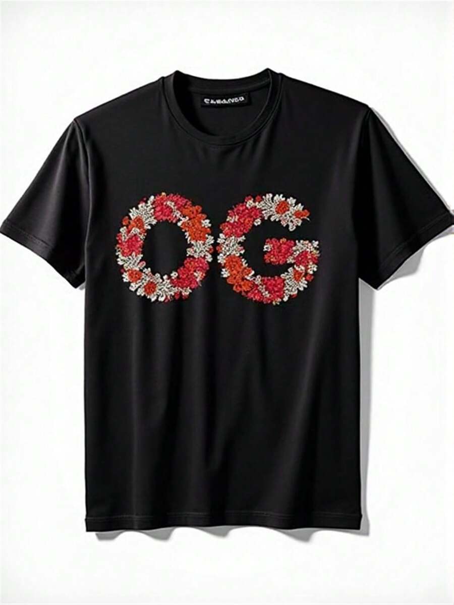 Camiseta de Gran Tamaño para Hombre - Cuello Redondo Negro de Manga Corta con Letra OG y Estampado Floral Rojo, Tejido de Punto Suave y Elástico, Corte Holgado, Camiseta Casual para Uso Diario y Formal, Comodidad Transpirable para Todas las Temporadas, Diseño de Logotipo OG tipo Bandana, Una camiseta de manga corta adecuada para el hogar, uso diario, fiestas y viajes-perfecta como regalo para amigos o familiares. - Negro - Ver 1
