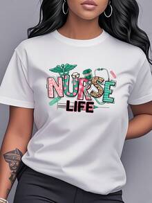 Camiseta estampada "Nurse Life", de manga corta y cuello redondo para mujer, con un diseño de dibujos animados que muestra la vida diaria de las enfermeras, decorada con corazones y elementos médicos, un patrón único adecuado como regalo para amigas enfermeras, ideal para diversas ocasiones como uso diario informal, viajes, reuniones, regalo para el Día de la Enfermera, recuerdo de temporada de graduación, etc. , muestra personalidad y cuidado, camiseta estampada de algodón puro para mujer. - Blanco - Ver 7