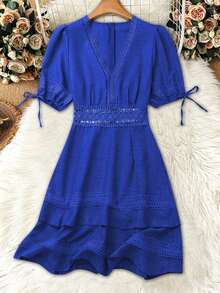 Clasi Vestido mini de manga abullonada con ribete de encaje de unicolor para mujer, para verano - azul real - Ver 3