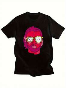 LocalFashion Unisex Plus Size Graphic T-Shirt - Le Monde Chico PNL Split Face Art Design, Black With Pink And Yellow Details, Comfortable Fit For Casual Wear, Gym, All Seasons Urban Wear, Streetwear, Y2k Digital Heat Transfer - 白色 - 查看 1