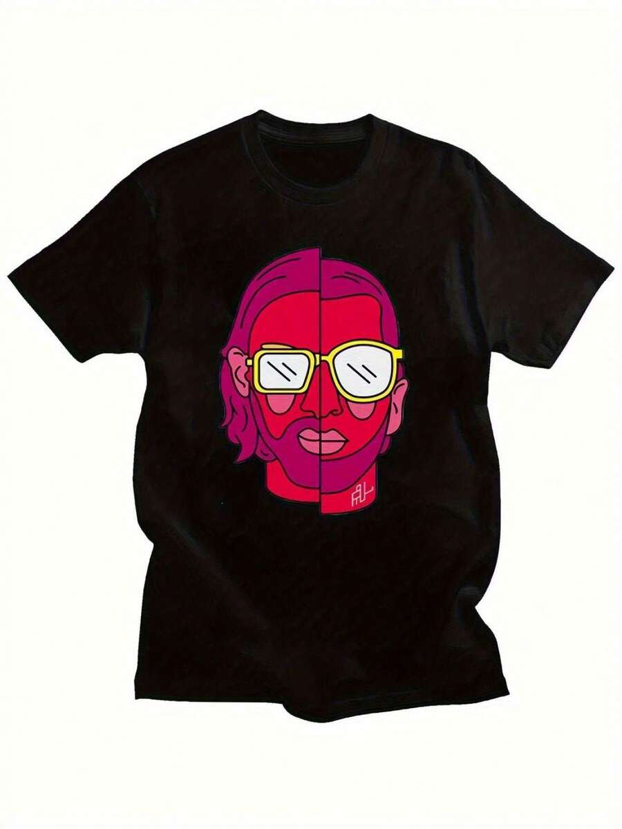 LocalFashion Unisex Plus Size Graphic T-Shirt - Le Monde Chico PNL Split Face Art Design, Black With Pink And Yellow Details, Comfortable Fit For Casual Wear, Gym, All Seasons Urban Wear, Streetwear, Y2k Digital Heat Transfer - 白色 - 查看 1