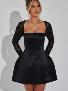 Vestido mujer 2026, cuello cuadrado escote bajo liso, manga larga con encaje combinado, corte A elegante - Negro - Ver 7