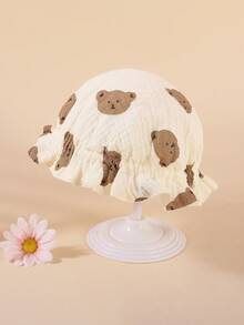 1 pieza Gorro de algodón de gasa con estampado de oso bebé, gorro suave ajustable para recién nacidos con borde de volantes, adecuado para bebés e infantes - 1PC - Ver 10
