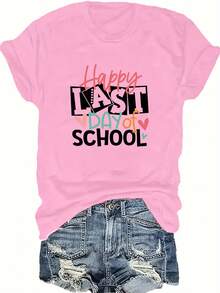 Talla Grande - Talla Grande - Camiseta de Mujer con Estampado de Letras "Feliz ÚLTIMO DÍA", Talla Grande, Cuello Redondo - Rosa - Ver 1