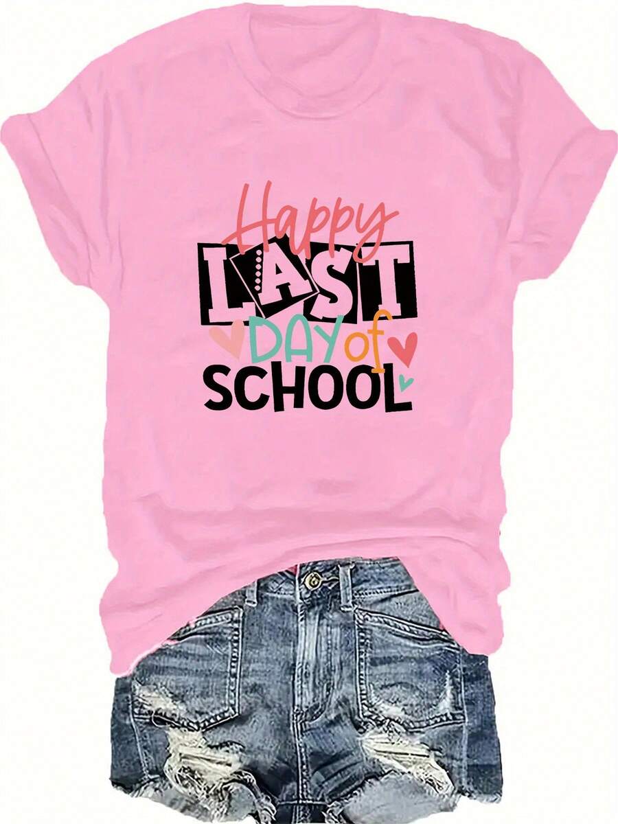 Talla Grande - Talla Grande - Camiseta de Mujer con Estampado de Letras "Feliz ÚLTIMO DÍA", Talla Grande, Cuello Redondo - Rosa - Ver 1