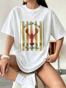Women's Summer Fashion Short Sleeve T-Shirt Casual Outdoor Fashion 'Lobster' Print Loose Casual Women's T-Shirt - 白色 - 查看 1