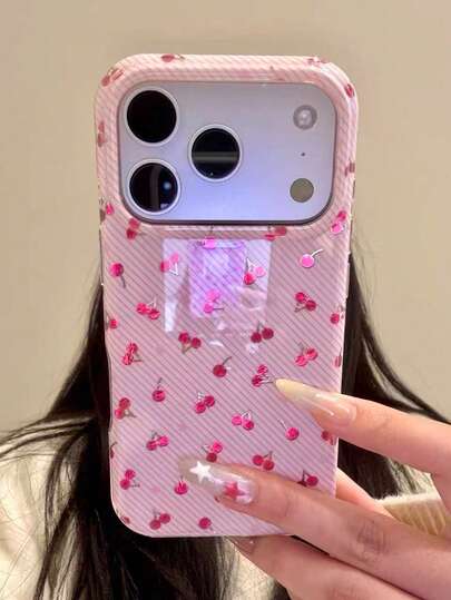 Girly Laser Cherry 17 Phone Case, Shockproof Dual Layer, Fashionable Cute Aesthetic Compatible With Iphone 16