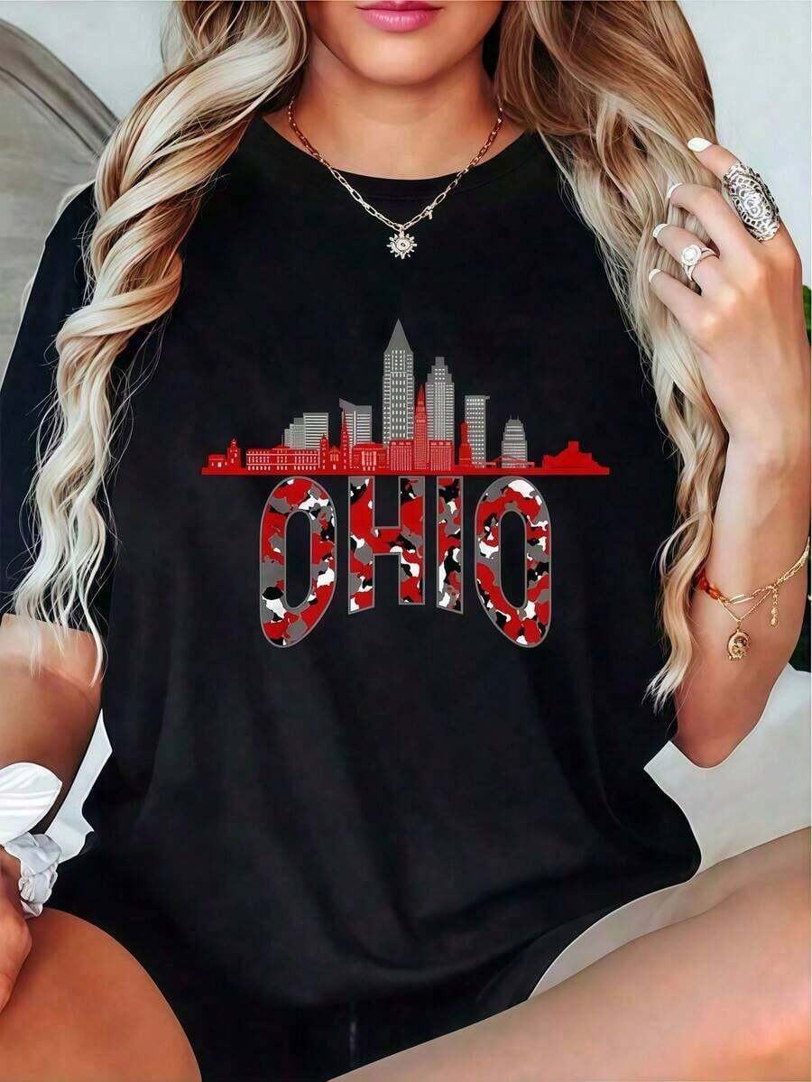 100% Cotton Ohio State Camouflage Graphic T-Shirt - Oversized Casual Short Sleeve Crew Neck T-Shirt, Soft And Breathable Fabric. These Round Neck Printed Short Sleeve Casual Everyday T-Shirts Make Excellent Gifts For Friends And Family. Made From 100% Cotton, They Feature A Youthful And Fashionable Design. - 白色 - 查看 1