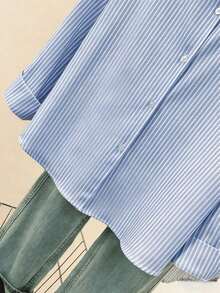 Blusa de mujer con cuello polo, estampado de corazones y rayas - Camisa casual de manga larga con botones, adecuada para uso diario en primavera, verano y otoño - Azul sin corazón - Ver 5
