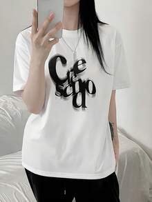 Women's Y2K Style White T-Shirt - Short Sleeve Loose Fit With Bold Letter Print, Casual Summer Top, Ladies' T-Shirts - 白色 - 查看 3