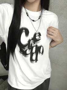 Women's Y2K Style White T-Shirt - Short Sleeve Loose Fit With Bold Letter Print, Casual Summer Top, Ladies' T-Shirts - 白色 - 查看 4