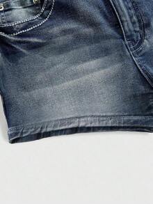 Grunge Punk Shorts vaqueros de talle bajo con decoración de alas bordadas con cristales, estilo Y2K - Azul - Ver 4
