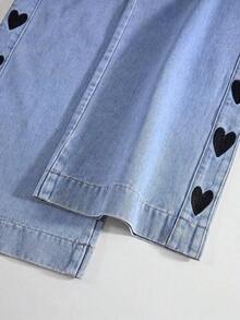 Jeans casuales de pierna ancha con cintura elástica, bolsillo en diagonal y bordado de corazón para mujer - Azul 3 - Ver 4