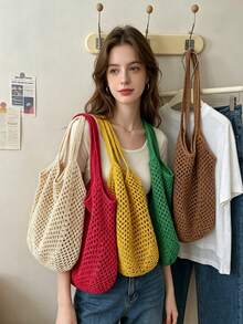 2/1pc Women Crochet (Tote Bag + Ribbon) 2pcs Set, Large Capacity Hollow Woven Shopping Tote Bag, Fixed Shoulder Strap, No Lining, Suitable For Travel & Daily Use - Multicolor - View 3