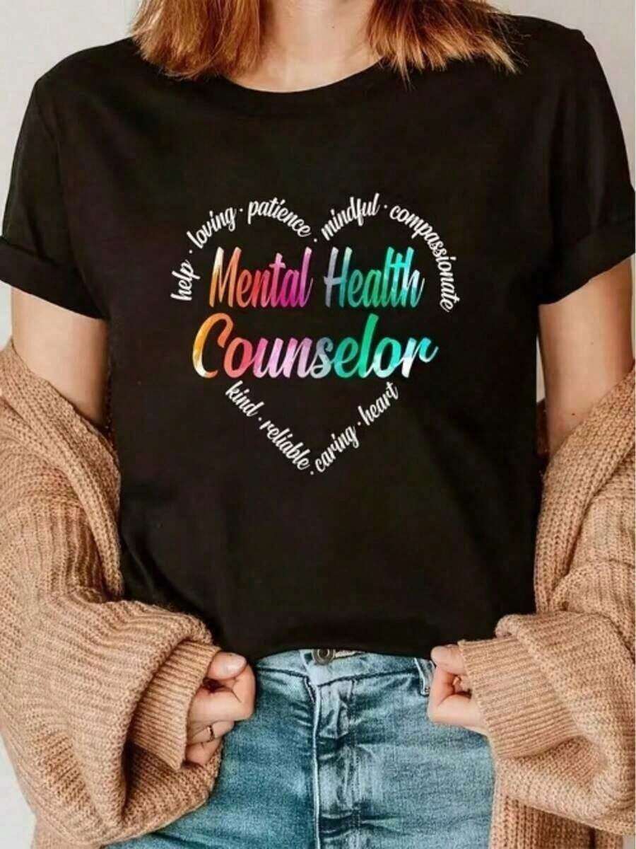 1 Piece Casual Short Sleeve T-Shirt With Heart-Shaped Typography Print For Mental Health Counselor, Text Print T-Shirt, Women's Top, 180g 100% Cotton - 黑色 - 查看 1