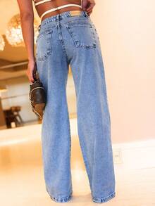 Manon Store Women's Wide Leg Jeans, High Waist, Light Wash With Blue Embroidery, Casual Cotton - 淺色水洗藍 - 查看 5