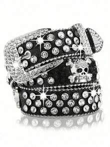 Unisex Y2K Punk Hop Skull Belt Glitter Studded Wide Jean Belt Streetwear Trouser Belt Festival Party Daily Outfit - 黑色 - 查看 1