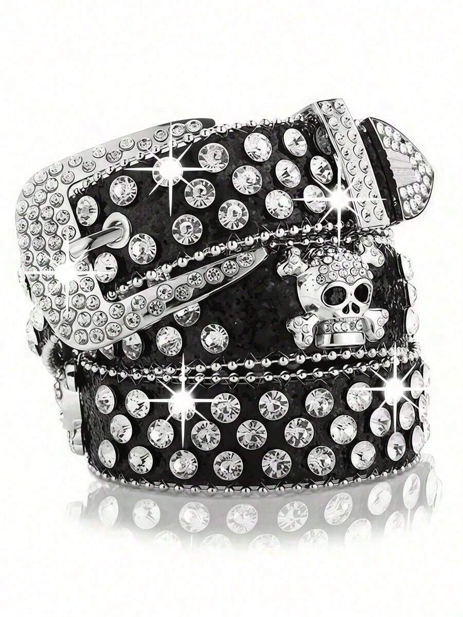 Unisex Y2K Punk Hop Skull Belt Glitter Studded Wide Jean Belt Streetwear Trouser Belt Festival Party Daily Outfit - 黑色 - 查看 1