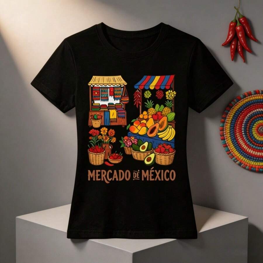 Women's Black Cotton Casual T Shirt with Mercado de Mexico Print Medium Stretch Fabric - Negro - Ver 1