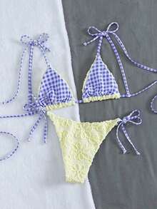 Swim Vcay Conjunto de bikini sexy de 2 piezas para mujer con lazo en el hombro, inalámbrico y con relleno extraíble, adecuado para la playa y el aeropuerto - Multicolor 2 - Ver 5