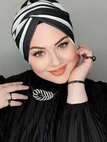 1pc Solid Instant Turban Inner Hijabs Caps Hat - Black and White Print - View 5