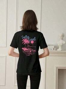 1 Piece 2026 New Summer Collection: Shipped Locally - SALTY SOUL Women's Short Sleeve Crew Neck T-Shirt, Coconut And Sun Print, Versatile Fashion, Essential Garment For Everyday Wear And Vacation. Women's Printed Vacation T-Shirt - Sizes S-7XL 100% Cotton 180g 100% Cotton, Designs Are Fully Printed. Unisex. - 黑色 - 查看 2
