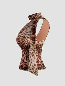 Parte superior corta de verano con hombros asimétricos, estilo bohemio y western, con estampado de leopardo, sexy y de Y2K para mujeres - estampado de leopardo - Ver 3