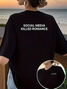 Camiseta con estampado frontal y trasero, "La Red Social Ha Terminado el Romance", Camiseta Casual de Manga Corta con Cuello Redondo para Mujer con Estampados de Redes Sociales, Estilo Casual y a la Moda, Top de Mujer con Estampado de Doble Cara.Camiseta Y2k - Blanco - Ver 1