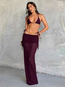 Conjunto de traje de baño de 3 piezas para mujer, sexy, elegante y romántico en colores vintage púrpura, burdeos y granate con decoración metálica, top halter de triángulo mini, Bottom tipo tanga mini y falda larga tipo pareo, conjunto de bikini de dos piezas para playa y resort de primavera/verano - Granada - Ver 3