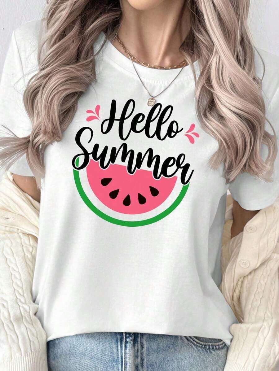 Camiseta de mujer de verano con estampado de sandía para ropa de Año Nuevo, camisetas gráficas para mujer-Vintage Street Style Unisexoose Cotton Short Sleeve Crew Neck T-Shirt - Blanco - Ver 1