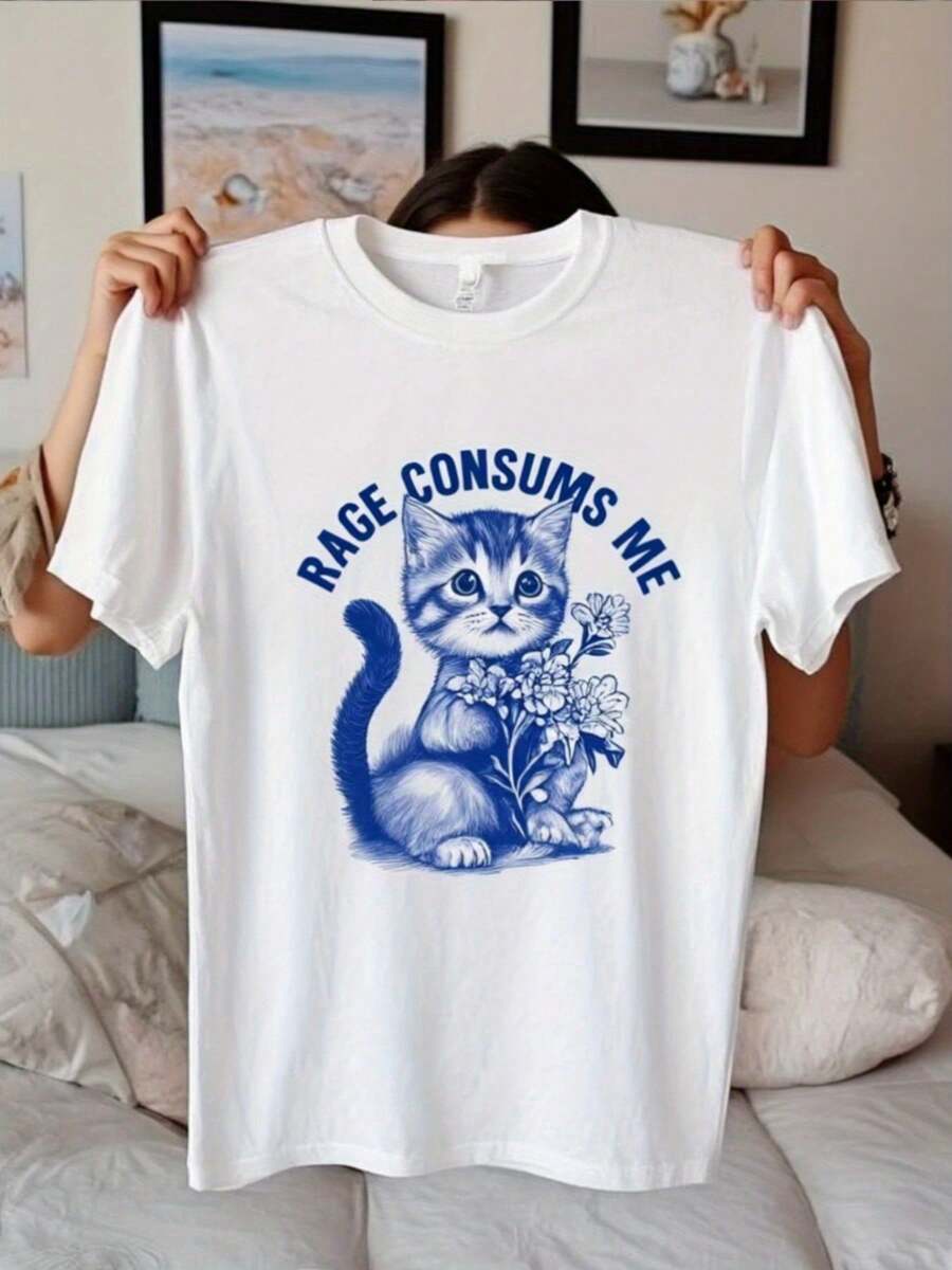 Camiseta blanca de cuello tulado de verano de mujeres con un gato azul con diseño de flores que me cautiva Esta camiseta informal transpirable y cómoda es i para regalos de Halloween o Navidad