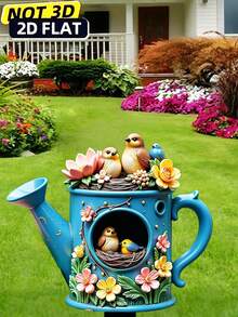 1pc 2D Acrylic Ground Stake, With Decorative Pointed Base, Water Vase Printed With Bird & Floral Pattern, Suitable For Outdoor Yard Decor, Garden Ornament, Also Can Be Used As Planter Decor, 2D Flat Design - Vase With Teapot Placed On the Ground - View 5