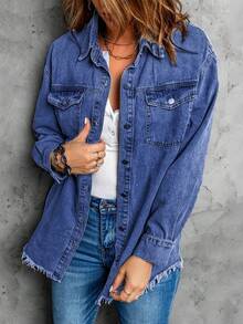 Plus Size Women's Solid Color Denim Ripped Long Sleeve Denim Jacket, Spring/Autumn Casual - Dark Wash - View 2