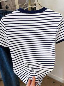 Camiseta casual de mujer de cuello redondo y manga corta con estampado de letras y rayas - Multicolor 2 - Ver 2