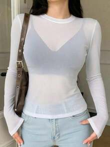 Camiseta de manga corta para mujer de ajuste ceñido, de cuello redondo y unicolor para el verano - Blanco 3 - Ver 7