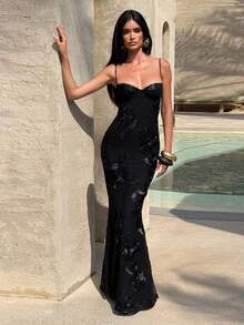 Nuevo Vestido Largo Sensual, Silueta Delgada con Espalda Descubierta y Lazo Decorativo - Negro - Ver 3