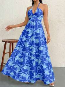 Vestido de gasa para mujer sin espalda con cuello halter y cola larga para vacaciones, bodas o festivales - Azul - Ver 2