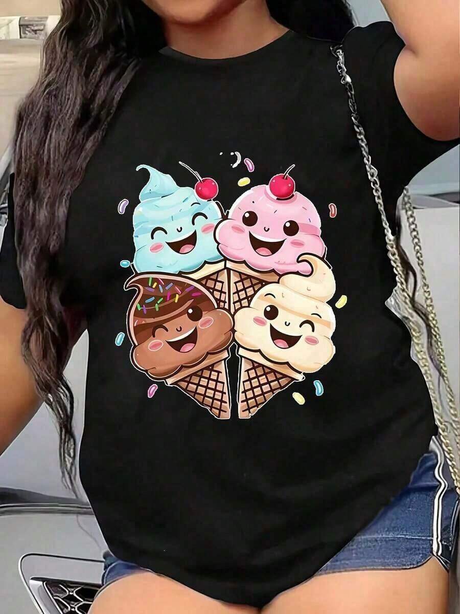 Camiseta Casual de Manga Corta para Mujer con Estampado Divertido de Helados y Confeti - Top de Verano Suave y Elástico con Cuello Redondo, Camiseta Cómoda Lavable a Máquina para Atuendos Casuales, Camisetas para Mujer, Diseño Caprichoso, Material No Transparente, Ropa de Tallas Grandes para Mujer - Negro - Ver 1