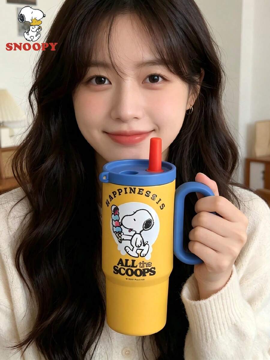 SNOOPY 1个750毫升史努比真空保温水瓶,大容量户外车载杯,便携式保温杯,高品质不锈钢吸管杯 - 彩色 - 查看 1