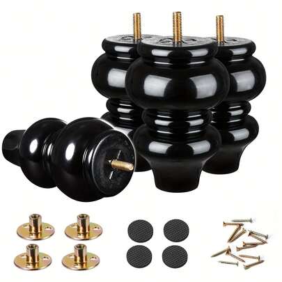 Bộ 4 chân bàn ghế bằng gỗ, kích thước 5 inch/8 inch, dùng thay thế cho ghế sofa, tủ, ghế tựa, màu đen, hình tròn, chắc chắn, có vít bắt.