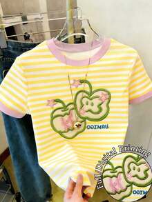 Camiseta de mujer de manga corta, cuello redondo, estampado de letras y rayas, informal, para verano - Multicolor - Ver 1