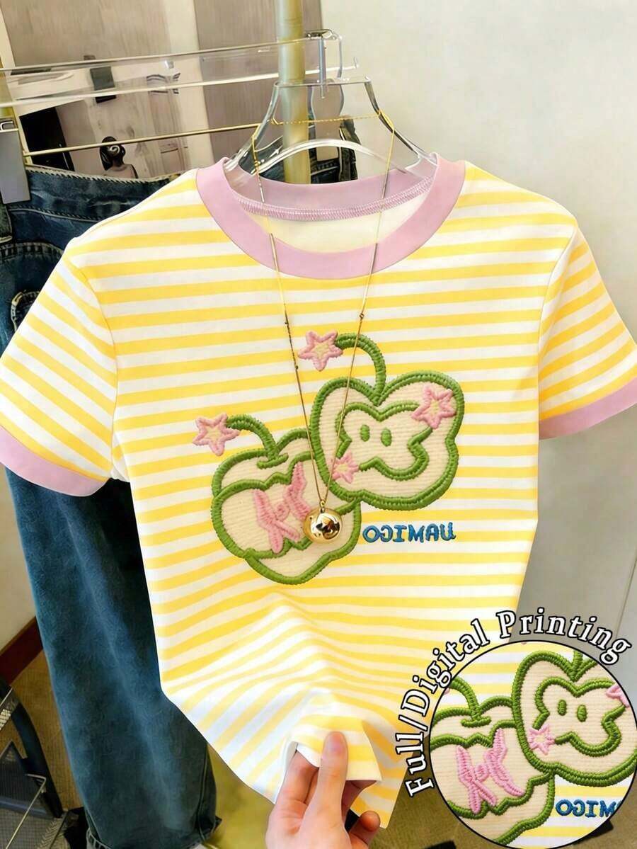 Camiseta de mujer de manga corta, cuello redondo, estampado de letras y rayas, informal, para verano - Multicolor - Ver 1