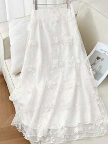Falda de sirena con parches de malla bordada elegante para mujer - Blanco - Ver 3