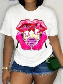 Camiseta de Mujer con Estampado Gráfico, Algodón Ligero, Verano. Camiseta de Mujer con Estampado de Labios, Casual y Deportiva, Cuello Redondo, Manga Corta, Estampado Artístico de Labios. Camiseta de Mujer, Cómoda, de Verano, Manga Corta, Lavable a Máquina, Casual. Camiseta Oversize de Mujer con Estampado 100% Algodón Puro. - Blanco - Ver 1