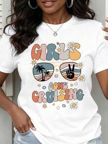 Women's Round Neck T-Shirt With Sunglasses Print, Palm Trees And Peace Symbol, Short Sleeve, For Summer Vacation, Beach, Party, Casual Wear. - 白色 - 查看 7